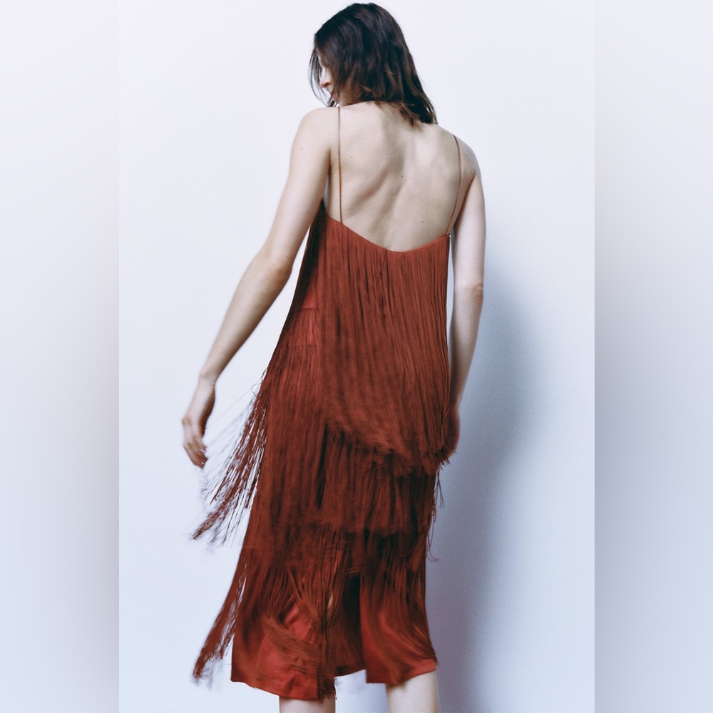 Zara STRAPPY FRINGED brown midi DRESS sz.XS-S - Picture 9 of 15